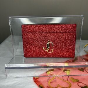 Jimmy Choo Red Glitter Card Holder with Gold Accents